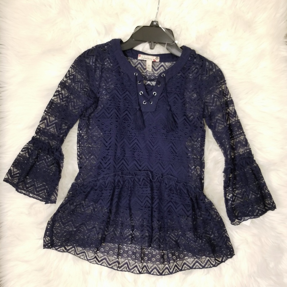 Navy lace tie down top with ruffles